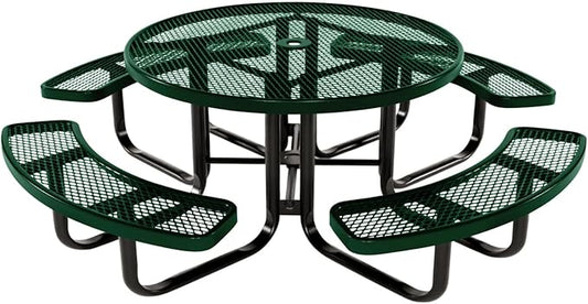 COATEDOUTDOORFURNITURE Heavy-Duty Portable Outdoor Kids Table with Umbrella Hole, Expanded Metal Kids Picnic Table, Commercial-Grade, Made in America (46 in, Round, Childrens, Green)
