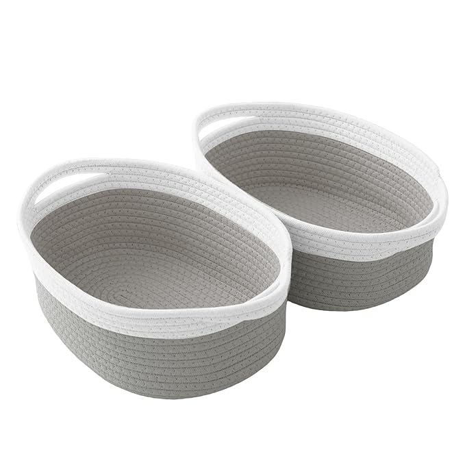 2 Pack Gift Basket with Gift Bag and Ribbons,Small Rope Woven Shelf Storage,Baskets for Gifts Empty,Birthday,Baby Shower,Decorative Organizer Box with Handles(White&Grey)