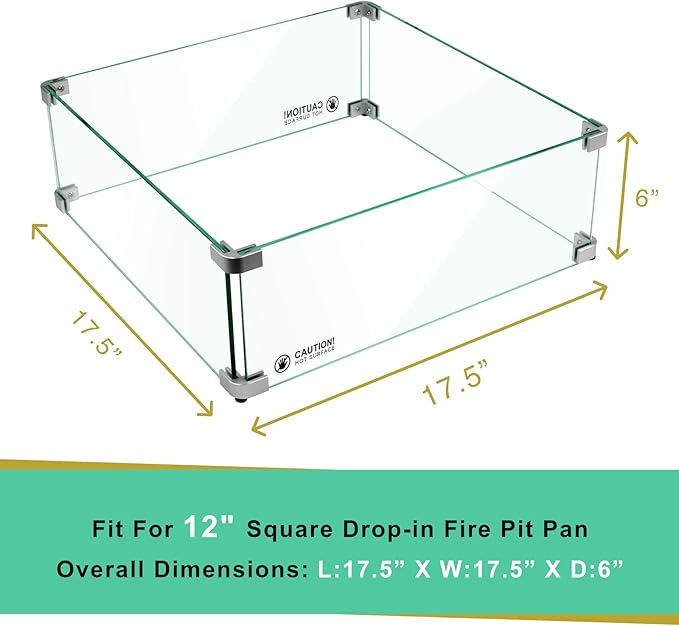 Holy Fire 17.5" L x 17.5" x 6" Square Fire Pit Glass Wind Guard Clear Tempered Glass Flame Protective Pane Wind Resistant - Fits 12” Square Fire Pit Burner Pan