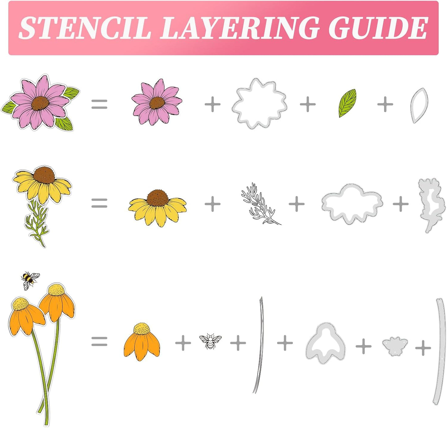 ORIGACH Daisy Flower Stamps and Dies and Layering Coloring Stencil Set, Silicone Stamps Metal Die Cut and Layering Stencil Template with Daisy Pattern for Card Making Scrapbooking DIY Crafting