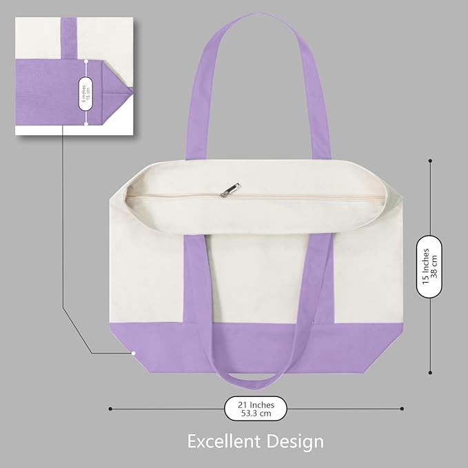 TOPDesign 3-Pack Canvas Tote Bags with an External Pocket, Reusable Grocery Shopping Bags, Top Zipper Closure, Daily Essentials (Lavender/Natural)