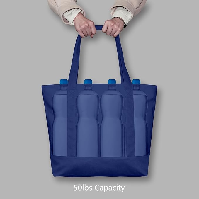 TOPDesign 3-Pack Canvas Tote Bags with an External Pocket, Reusable Grocery Shopping Bags, Top Zipper Closure, Daily Essentials (Blue)