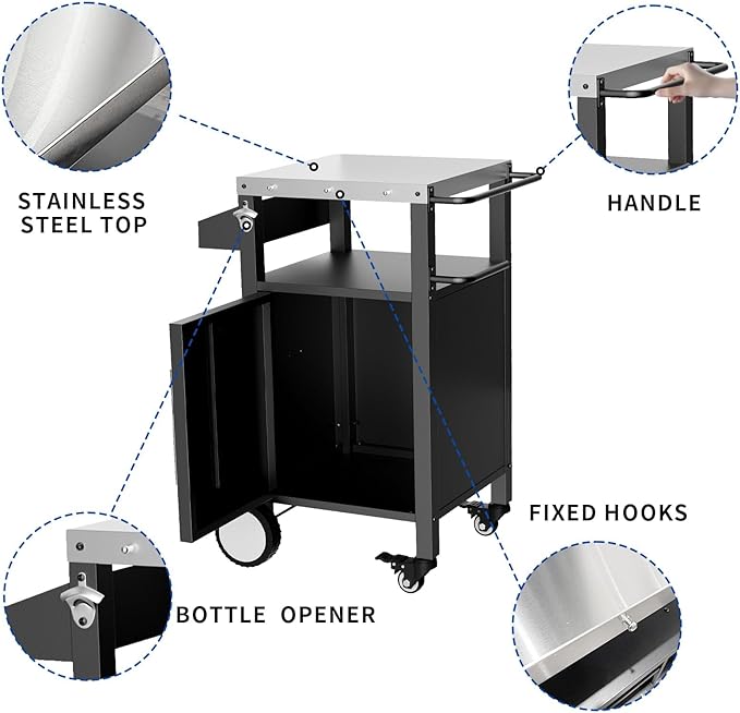 Outdoor Grill Cart with Storage, Stainless Steel Top, Movable Patio Kitchen Island, Rolling BBQ Cart, Dining Serving Cart for Family Party, Food and Others Prep Station, Black