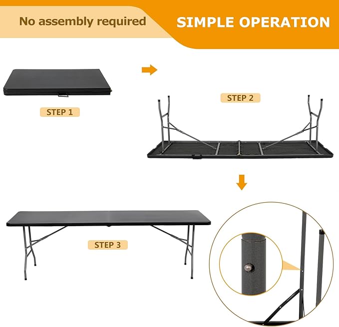 FDW 8FT Folding Table Half Portable Foldable Table Picnic Table for Office Home Camping Party (Black, 8 FT)