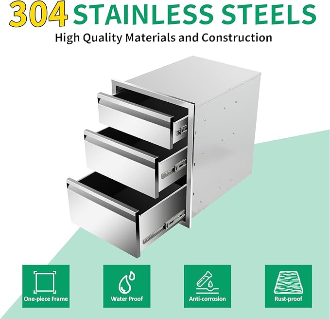 Outdoor Kitchen Drawers 18" W x 24" H x 23" D Stainless Steel Triple Drawers with Hidden Handle for BBQ Island, Patio Grill Station & Outdoor Kitchen Cabinets