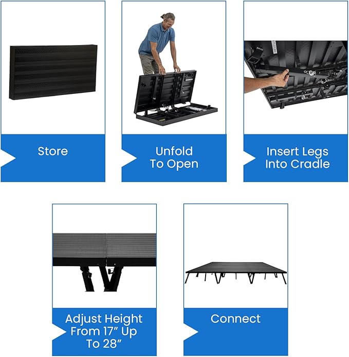 12'x12' MYSTAGE 9 Stage Platform - Portable, Folding Lightweight Aluminum Performance Deck with Adjustable Height 17"-28" - US Patented Design