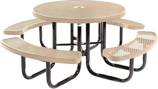 COATEDOUTDOORFURNITURE Heavy-Duty Portable Outdoor Picnic Table with Umbrella Hole, Expanded Metal Commercial-Grade Patio Dining Furniture Made in America (46" Round Top, Tan)