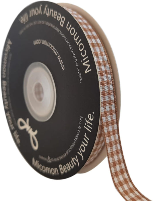 Micomon Khaki and White Woven Edge Plaid Ribbon 100% Polyester Gingham Ribbon 25 Yards Each Roll (3/8"Khaki)