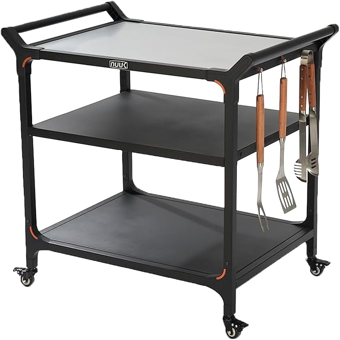NUUK Outdoor Pizza Oven Table with Three-Shelf 24" x 32" Grill Cart Stainless Steel Rolling Prep Table with Solid Steel Frame, Outdoor Cooking Station Dining Bar Table