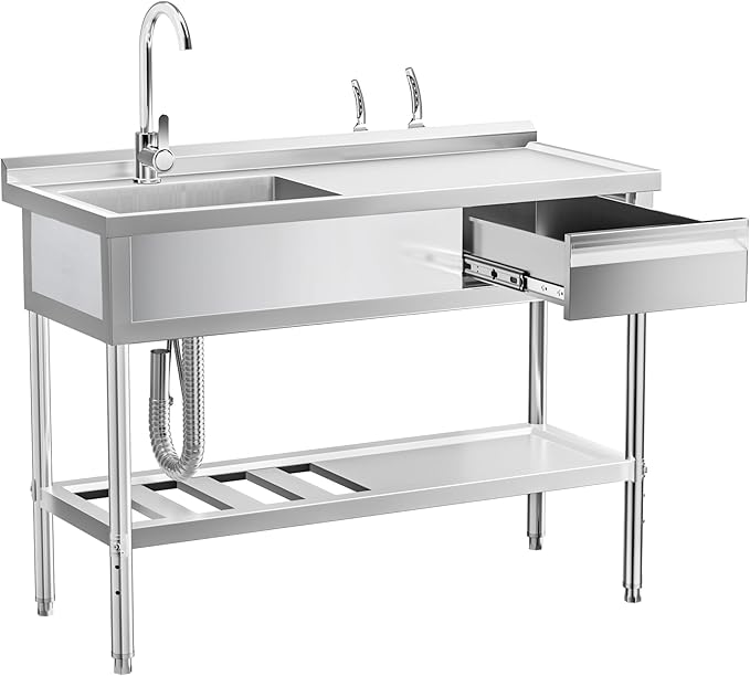 Stainless Steel Sink with Cold and Hot Water Pipes, Free Standing Single Bowl Commercial Kitchen Sink W/Workbench & Storage Shelf, Faucet For Laundry Room, Farmhouse, Indoor/Outdoor(47 inch)
