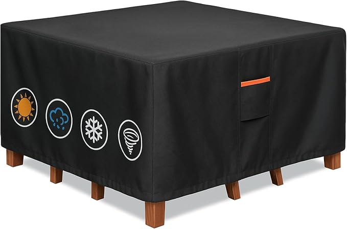 Outdoor Waterproof Furniture Cover, 106W x 106L x 28H inches Heavy Duty 600D Square Table and Chair Set Protection, Black