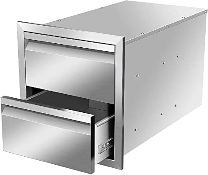 Outdoor Kitchen Drawers, Box Frame Style Flush Mount BBQ Drawer w/Stainless Steel Handle, BBQ Island Drawers For Patio Grill Station,Double Drawers