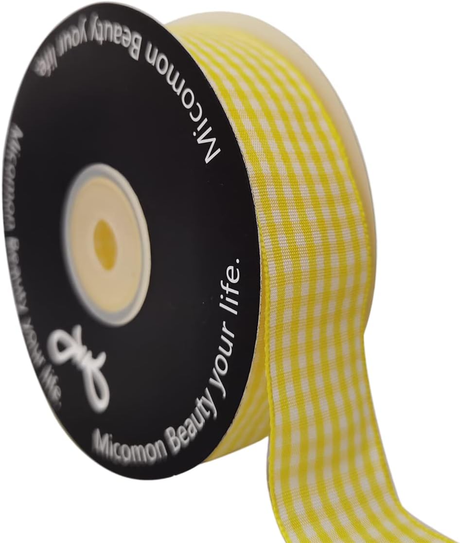 Yellow and White Gingham Ribbon Christmas Ribbon 25 Yards Each Roll 100% Polyester (1", Yellow)