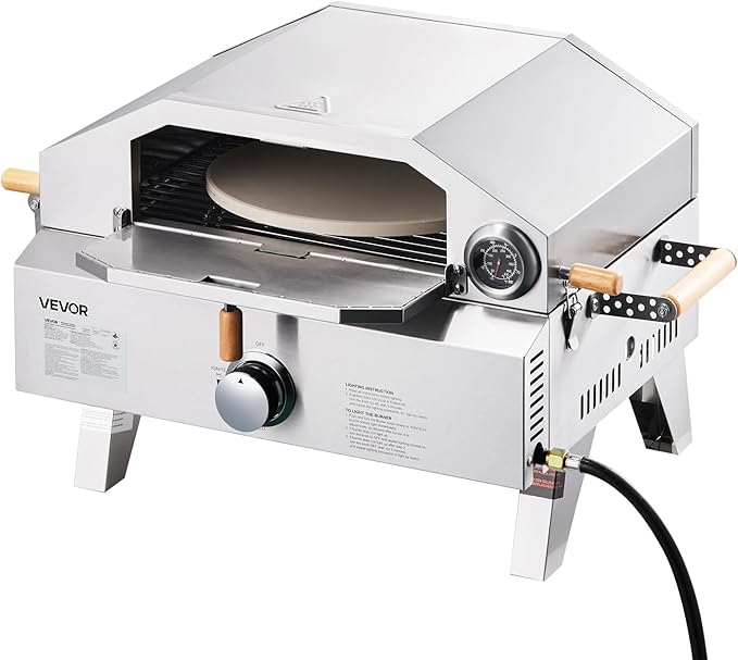 VEVOR 2 IN 1 Outdoor Pizza Oven, 13 in Propane Pizza Oven & Grill, 12,000 BTU Tabletop Propane Gas Oven with Pizza-Stone, Thermometer, Stainless Steel Portable Grill, for Camping & Backyard