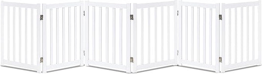 LZRS 6-Panel Extra-Wide Freestanding Wooden Dog Gate Indoor – 24”High Foldable Safety Pet Barrier for Doorways, Hallways, Kitchens, and Long Staircases, Durable Design fit Small to Medium Dogs, White