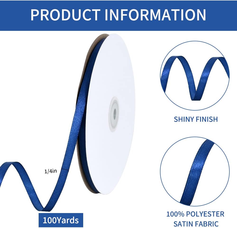 TONIFUL 1/4 Inch x 100yds Navy Blue Satin Ribbon, Thin Solid Color Satin Ribbon for Gift Wrapping, Crafts, Hair Bows Making, Wedding Party Decoration, Invitation Cards, Floral Bouquets