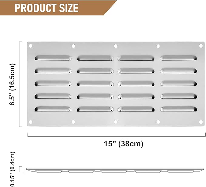 1 Pack Stainless Steel Venting Panel for Grill Accessory, 15" by 6-1/2" Stainless Steel Venting Panel for Masonry Fire Pits Fireplaces, Metal Vent Cover for Outdoor Kitchens