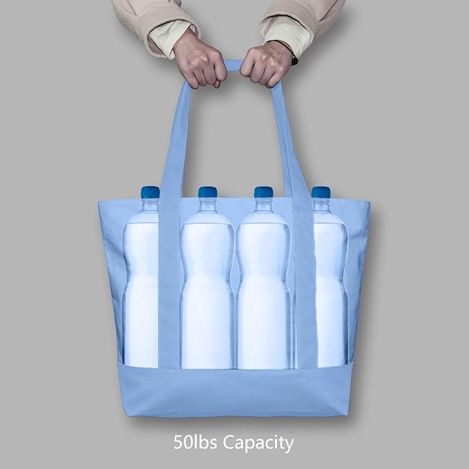 TOPDesign 6-Pack Canvas Tote Bags with an External Pocket, Reusable Grocery Shopping Bags, Top Zipper Closure, Daily Essentials (Light Blue)