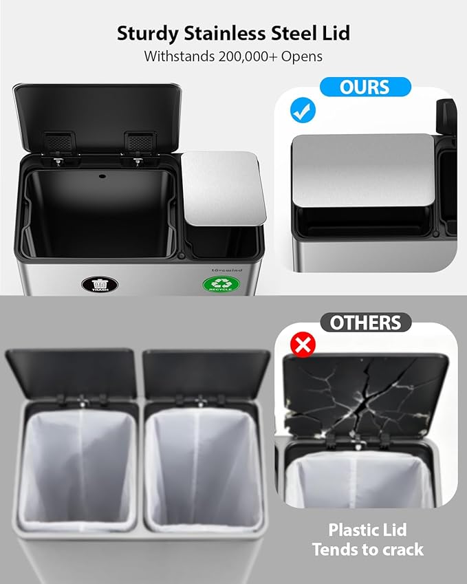 Lovewind Dual Trash Can, 14 + 6 Gallon Garbage Can for Kitchen Dual Compartment Recycling Kitchen Step Trash Bin, Stainless Steel Trash and Recycle Bin Combo with Soft-Close Lid, Silver