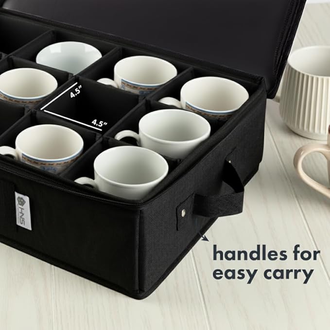 China Storage Hard Shell Containers 5-Piece Set Moving Boxes for Dinnerware, Glasses, Plates, Mugs and Saucers Sturdy Dish Organizer with Dividers for Seasonal Storage - Service for 12 - Black Quilted