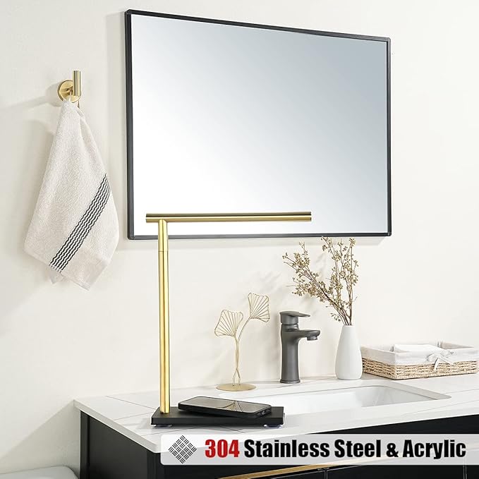 JQK Hand Towel Holder Stand Brushed Gold, Modern Tree Rack Free Standing for Countertop with 12 Inch Bar, 304 Stainless Steel Thicken 0.8mm, HTT170-BG
