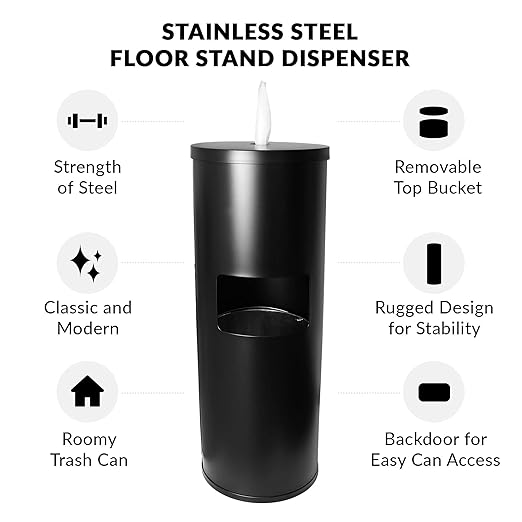 Black Stainless Steel Floor Stand Wipe Dispenser with Built-in Trash Can - Fits Wipes on Rolls - Perfect for Fitness Clubs, Schools/Daycares, Commercial and Residential Facilities