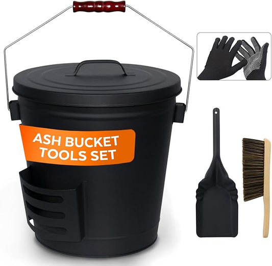 5.2 Gallon Ash Bucket with Lid and Shovel, Metal Fireplace Ash Bucket with Broom, Complete Fireplace Tools Set for Wood Stove and Fireplace