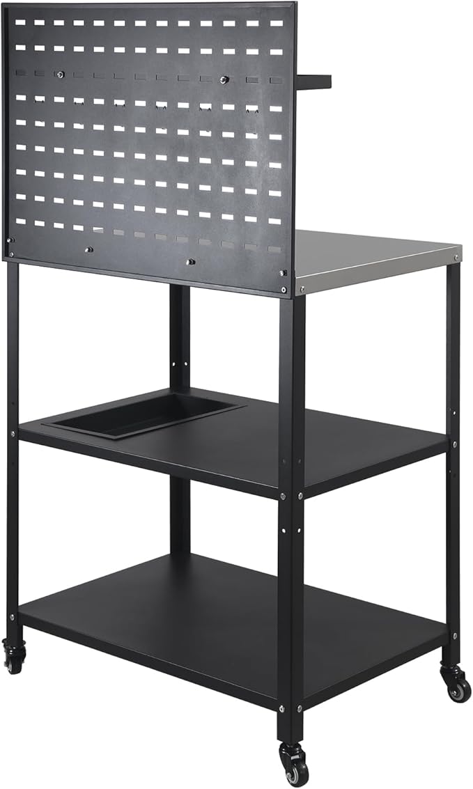 Three-Tier Grill Cart with Hanging Plate,Grill Table with 2 Locking Casters for Patio and Backyard,Stainless Steel Pizza Oven Stand Table,Black