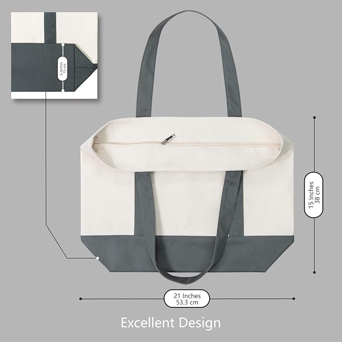 TOPDesign 1-Pack Canvas Tote Bag with an External Pocket, Reusable Grocery Shopping Bag, Top Zipper Closure, Daily Essentials (Grey/Natural)