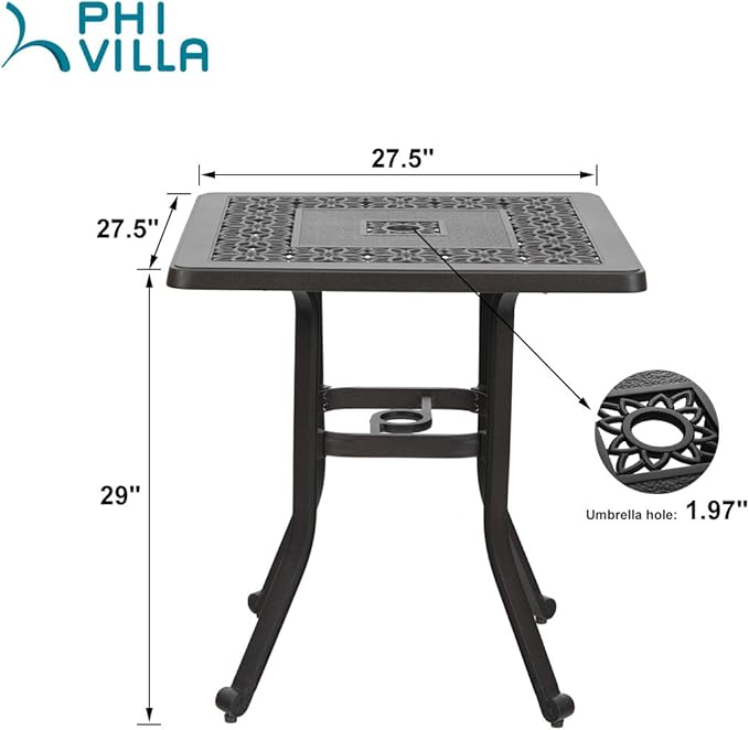 PHI VILLA Cast Aluminum Patio Bistro Dining Table Clearance with 1.97" Umbrella Hole, 27.5" Square Side Dining Table with Frosted Surface for Lawn Garden Yard