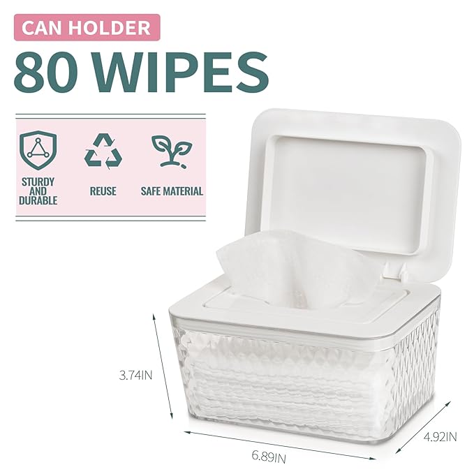 Wipes Dispenser, One-Handed Operation Wipe Holder for Baby & Adult, Seal-Designed Wipes Container for Bathroom Keep Diaper Wipes Fresh (2 Pack White)