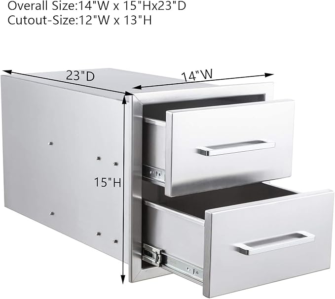 Outdoor Kitchen Drawers Stainless Steel 2-Drawer BBQ Drawer 14" W x 15" H x 23" D Enclosed Built-in Drawer Flush Mount for Outdoor Kitchens & BBQ Islands