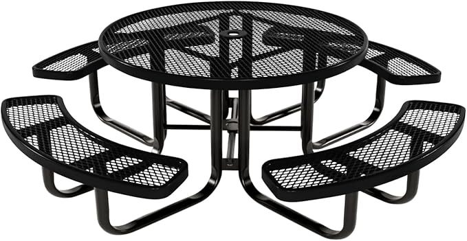 COATEDOUTDOORFURNITURE Heavy-Duty Portable Outdoor Kids Table with Umbrella Hole, Expanded Metal Kids Picnic Table, Commercial-Grade, Made in America (46 in, Round, Childrens, Textured Black)