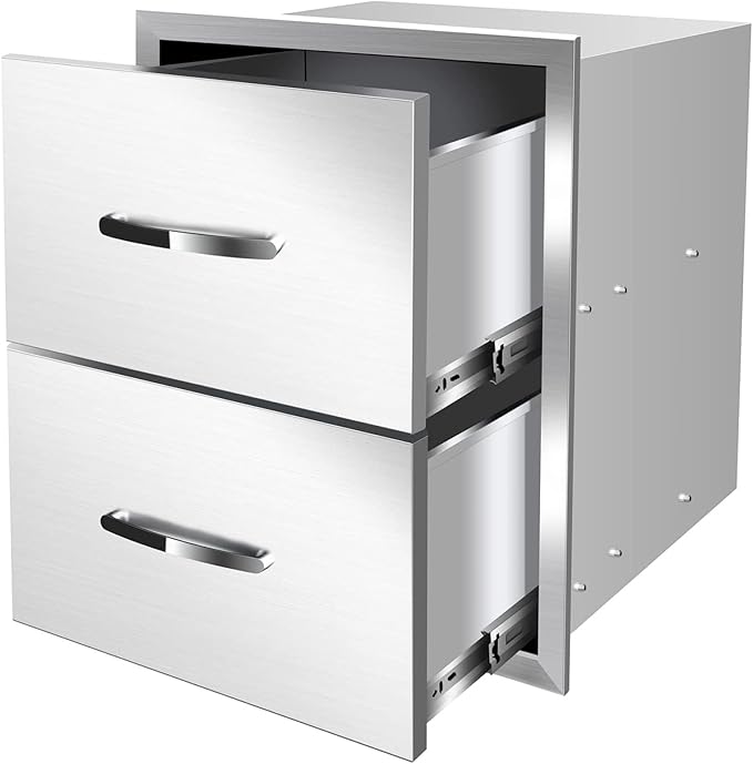 Pull Out Trash Drawer, Lower Sliding Rails Stainless Steel Roll Out Trash Bin Pull Out Tray With Handle For Outdoor Kitchen BBQ Island Grill Station,Double Drawers