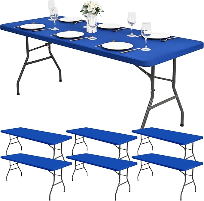 6 Pack Stretch Fabric Table Top Cap Cover, fits 8Ft Tables, Spandex Table Covers Washable Elastic Universal Rectangle Tablecloth Protector for Outdoor Party Picnic Wedding, Royal Blue, 30" W x 96" L