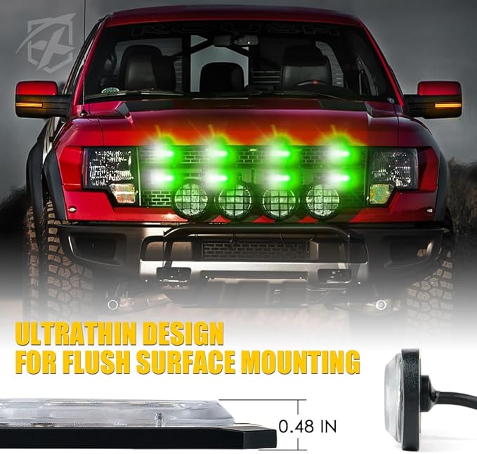 Xprite White Green LED Surface Mount Strobe Lights Kit, w/Control Panel Emergency Safety Warning Flashing Grille Cop Marker Light Assembly for Vehicles Trucks ATV UTV Motorcycle 8PCS
