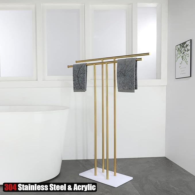 JQK Bath Towel Holder Stand Brushed Gold, 30 Inch Free Standing Double Towel Rack Shelf for Bathroom Floor, Light Gold, BTH100L30-WG