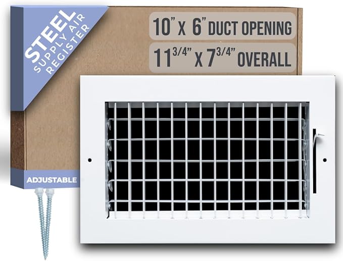 Fits 10x6 Duct Opening Steel Adjustable Air Supply Grille by Handua | Register Vent Cover Grill for Sidewall and Ceiling | White | Outer Dimensions: 11.75" X 7.75"
