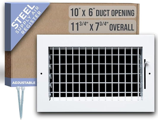 Fits 10x6 Duct Opening Steel Adjustable Air Supply Grille by Handua | Register Vent Cover Grill for Sidewall and Ceiling | White | Outer Dimensions: 11.75" X 7.75"