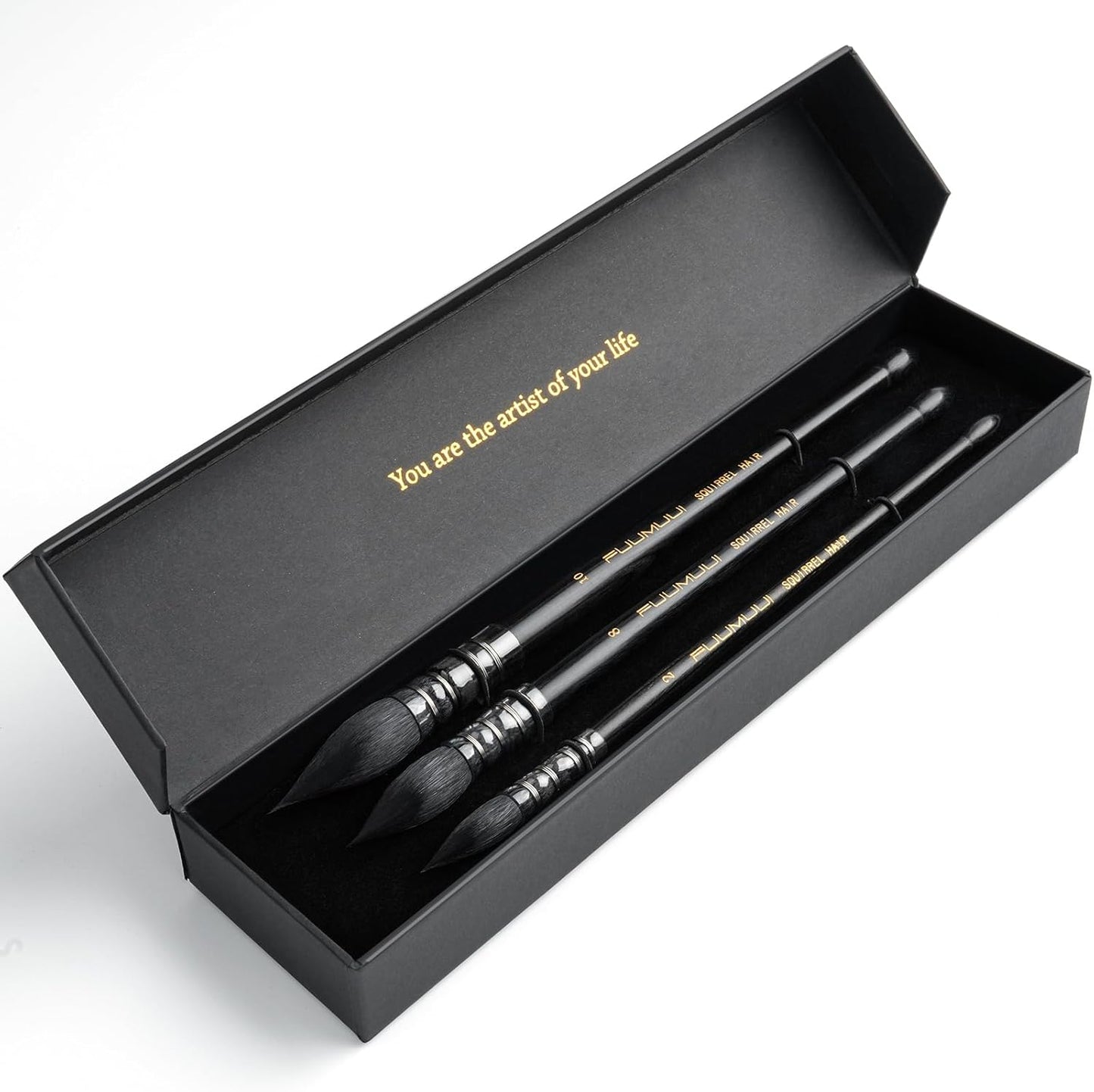 3PCS Squirrel Hair Watercolor Brushes, Fuumuui Professional Mop Round Quill Detail Fine Tip Watercolor Paint Brush Set for Water Color Gouache Ink Painting - Sizes #2, 8, 10