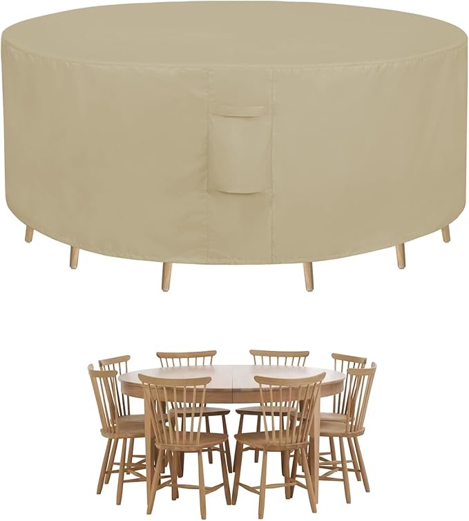 Easy-Going Round Patio Furniture Cover Waterproof Outdoor Dining Table and Chair Cover Anti-UV Outside Sectional Sofa Set Covers (84"DIA x 28"H, Camel)