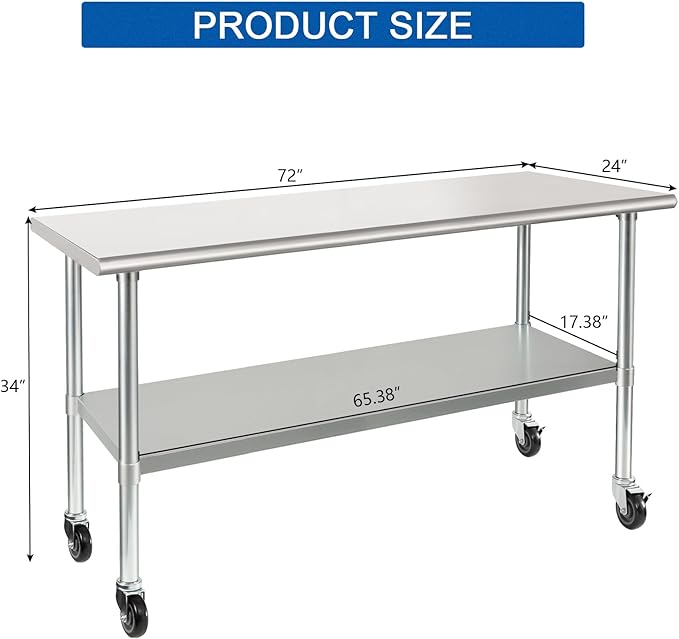 HARDURA Stainless Steel Table with Wheels 24 x 72 Inches Casters NSF Heavy Duty Commercial Work & Prep Table with Undershelf and Galvanized Legs for Restaurant Kitchen Bar and Hotel Garage