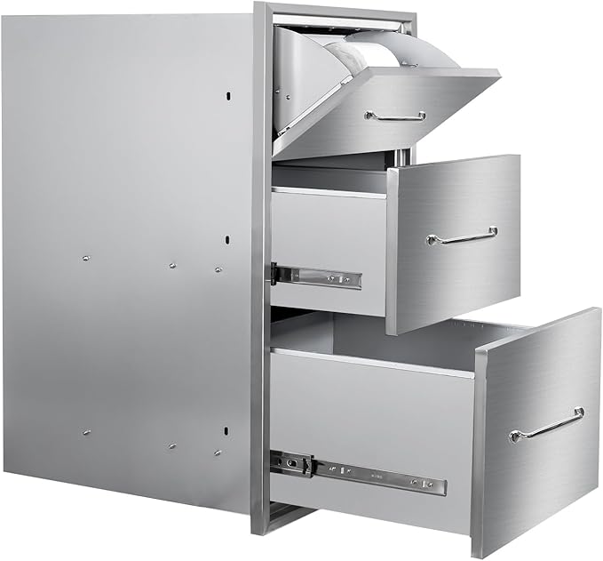 Outdoor Kitchen Drawers with Paper Towel Holder 17" W x 30"H Flush Mount BBQ Drawers with Chrome Handle,Stainless Steel Built-in Triple Access Drawers for Outdoor Kitchen Island, Patio Grill Station