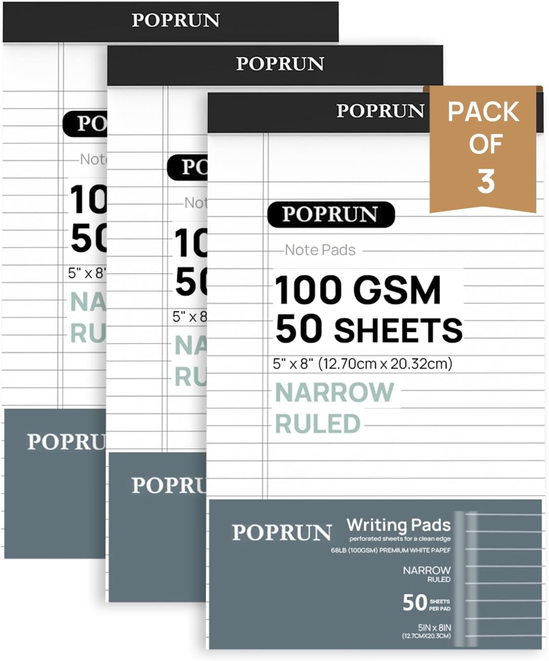 POPRUN Small White Legal Pads 5 x 8 Narrow Ruled, 100GSM Writing Paper Pad, Bulk Lined Notepad Notebooks for Work School, Classroom Office Supplies, 3 Pack