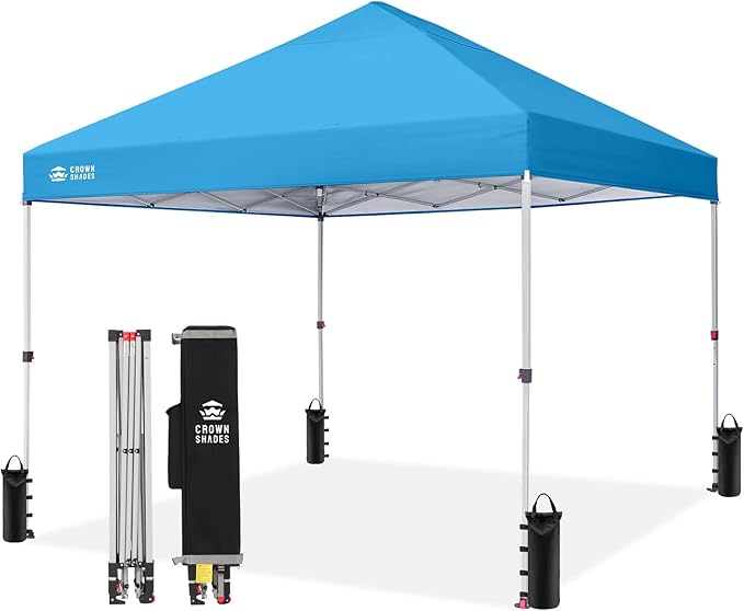 CROWN SHADES 8x8 Pop Up Canopy, Patented Center Lock One Push Instant Popup Outdoor Canopy Tent, Newly Designed Storage Bag, 8 Stakes, 4 Ropes, Silver-Coated Sky Blue