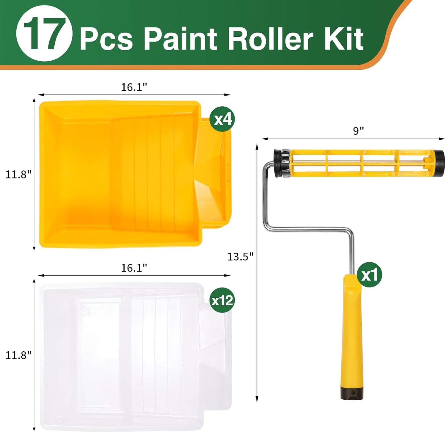 VOOMEY 9 Inch Foot-Operated Paint Tray，Paint Roller Frame,12 Pcs Paint Tray Liner with 4 Set Paint Roller Trays，House Painting Supplies