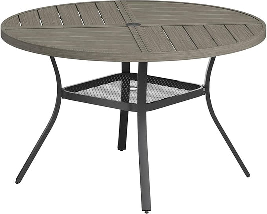 VICLLAX Round Patio Table with Adjustable Umbrella Hole for 4, All Weather Metal Outdoor Dining Table for Lawn Garden, 40.6" Outdoor Coffee Table, Grey Wood-Like Tabletop