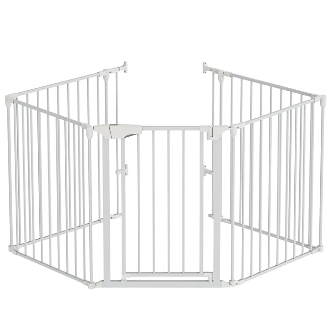 Bonnlo 120-Inch Wide Metal Baby Safety Fence/Play Yard Adjustable Fireplace Hearth BBQ Fire Gate Christmas Tree Gate 5-Panel Playpen for Toddler/Pet/Puppy/Cat/Dog, 25.39"W x 29.3" H Each Panel, White