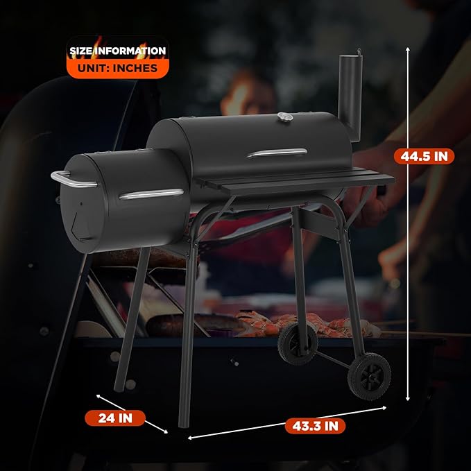 43-inch Charcoal Outdoor BBQ Grill - Portable Camping Grill for 6-10 People, Offset Smoker, Braised Roast, Patio and Backyard Picnic Grill