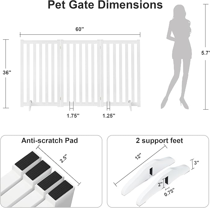 36" Height Extra Tall Freestanding Pet Gate, Solid Wood Folding Safety Fence Wooden Dog Gate with 2 PCs Support Feet Ideal for Stairs, Doorways, Halls, Kitchens, Heavy Duty Gates, 3 Panels, White